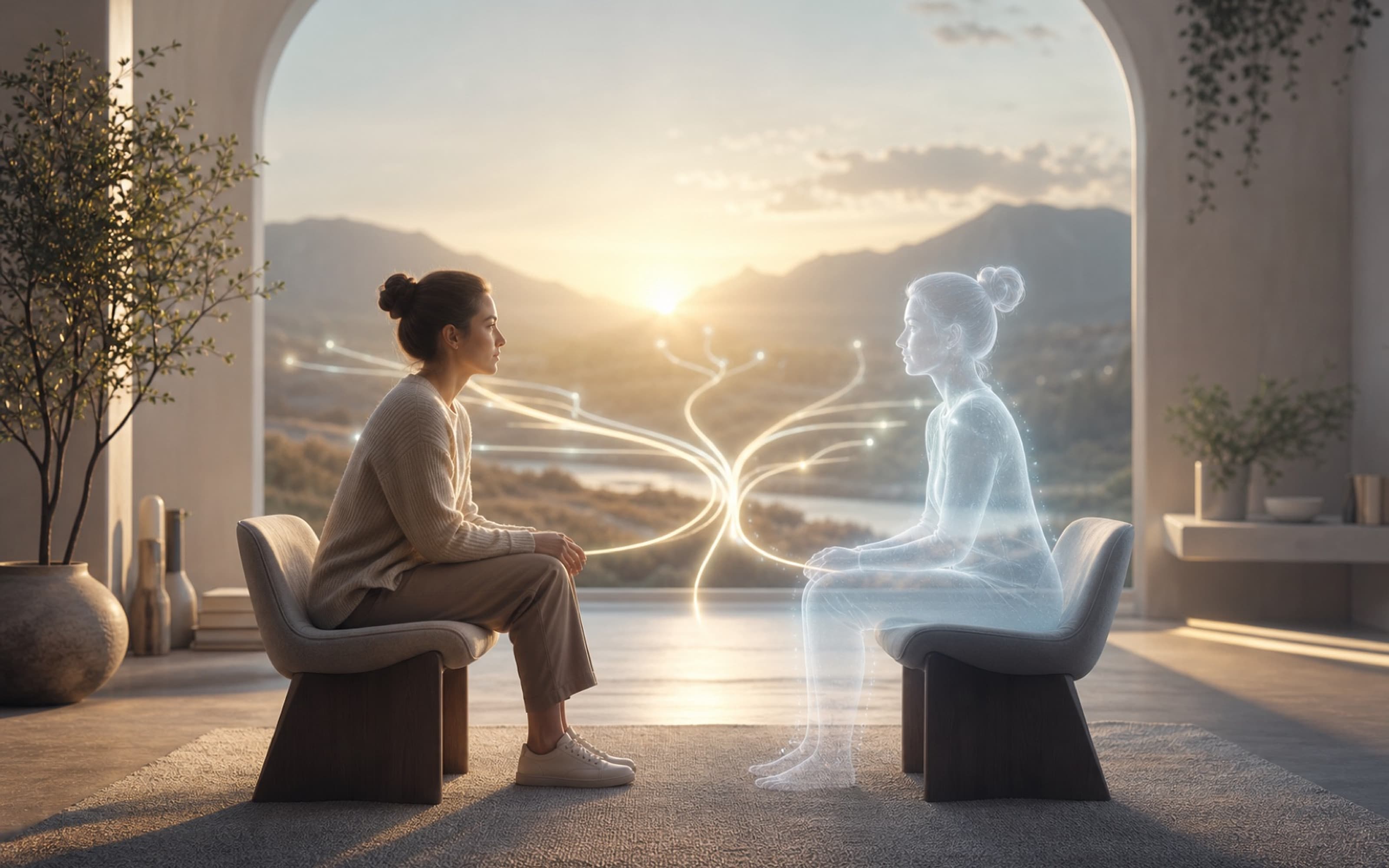 A person facing a translucent AI decision twin with branching paths between them